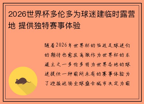 2026世界杯多伦多为球迷建临时露营地 提供独特赛事体验