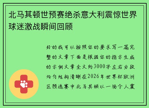 北马其顿世预赛绝杀意大利震惊世界球迷激战瞬间回顾