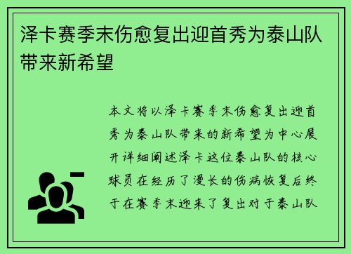 泽卡赛季末伤愈复出迎首秀为泰山队带来新希望