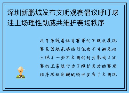 深圳新鹏城发布文明观赛倡议呼吁球迷主场理性助威共维护赛场秩序