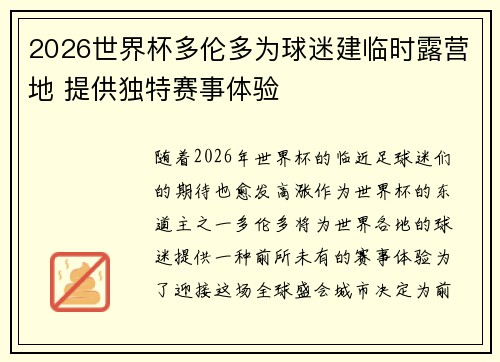 2026世界杯多伦多为球迷建临时露营地 提供独特赛事体验